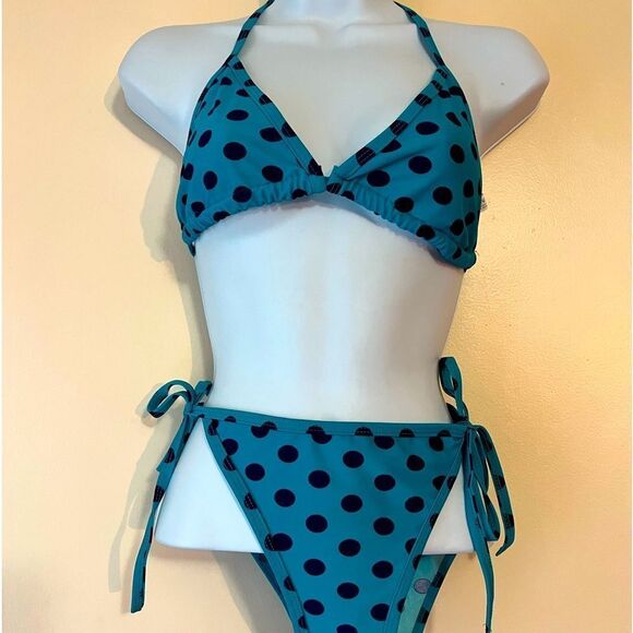 Teal and Navy Polka Dot String Bikini Sz OS - Picture 2 of 3
